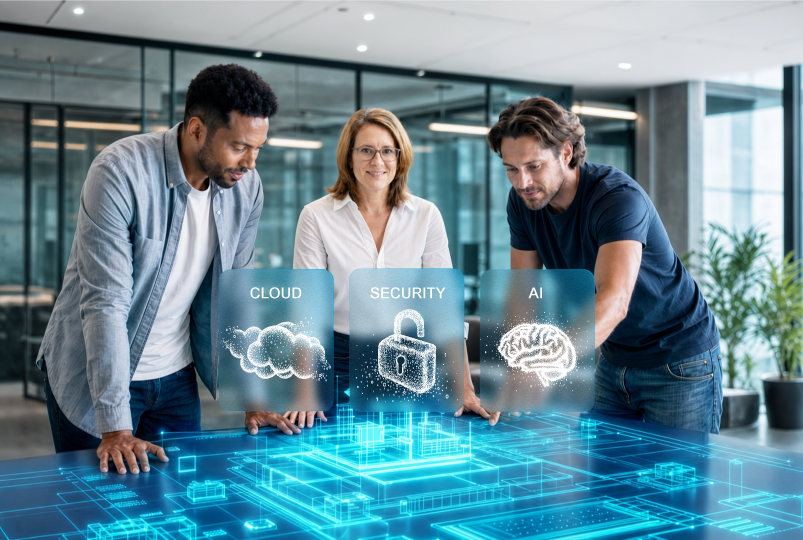 Team plant individuelle Softwarelösungen mit Cloud, Security und KI.