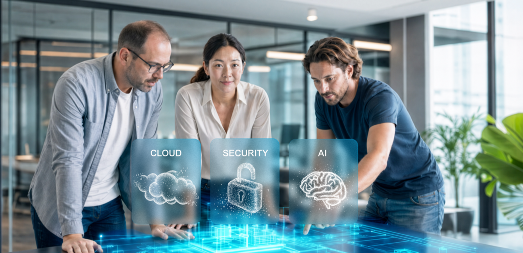 Team planning custom software solutions with cloud, security, and AI.