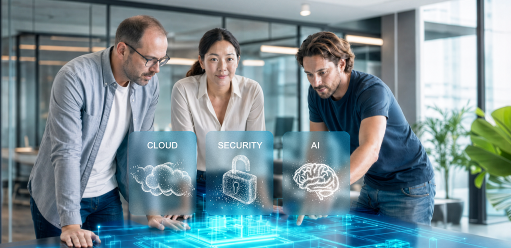 Team plant individuelle Softwarelösungen mit Cloud, Security und KI. – KI-generiertes Bild