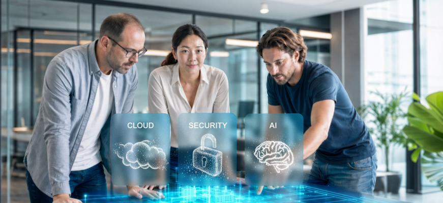 Team plant individuelle Softwarelösungen mit Cloud, Security und KI. – KI-generiertes Bild