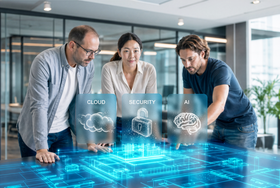 Team planning custom software solutions with cloud, security, and AI.