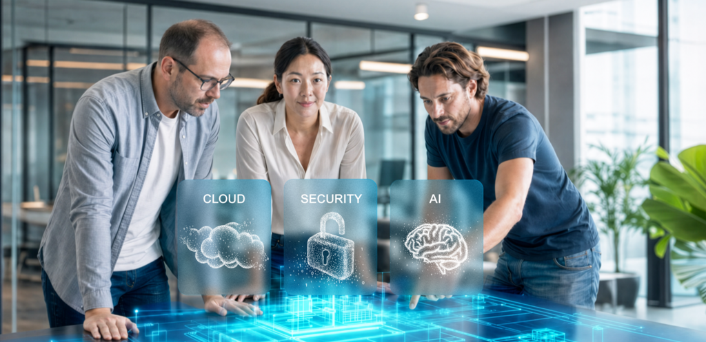 Team planning custom software solutions with cloud, security, and AI.