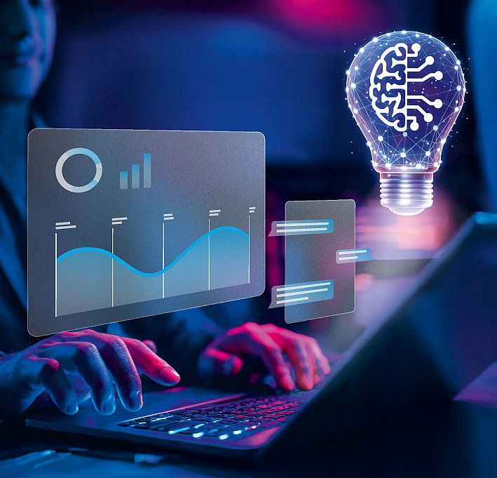 42c8c8d5-3ed3-4e31-aeb9-f48fc9aec520 Das Bild zeigt eine moderne Data-Analytics-Szene und symbolisiert intelligente, KI-gestützte Entscheidungen auf Basis von Daten.