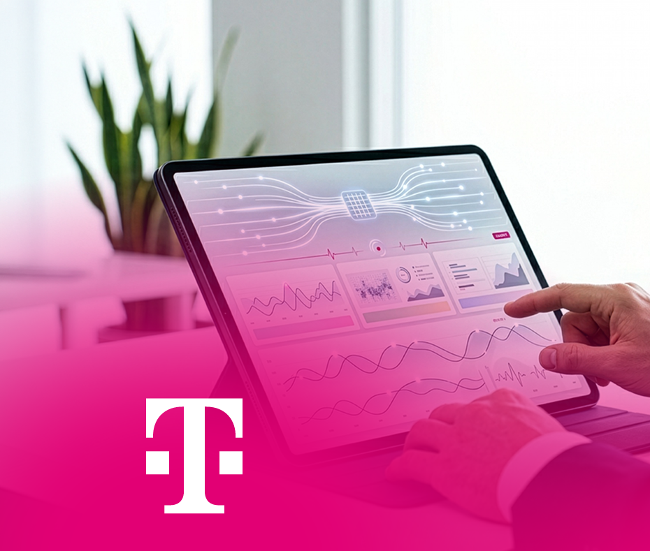 Person interacts with a data analytics dashboard on a tablet in an office. Telekom logo at the bottom. – AI-generated image