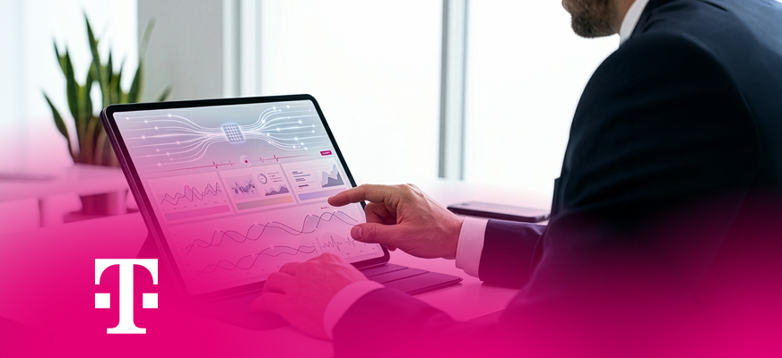 Person bedient Datenanalyse-Dashboard auf Tablet im Büro. Telekom-Logo unten. – KI-generiertes Bild