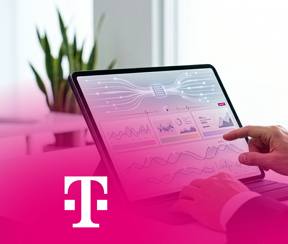 Person bedient Datenanalyse-Dashboard auf Tablet im Büro. Telekom-Logo unten. – KI-generiertes Bild