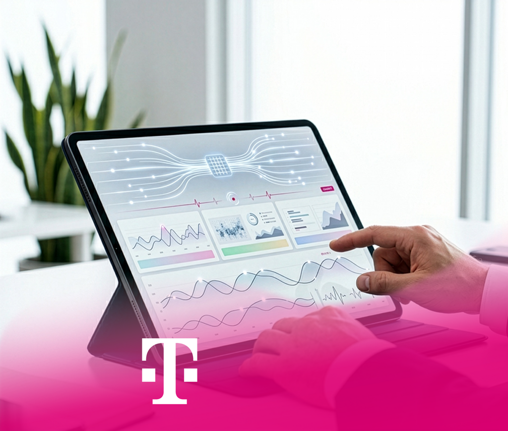 Person interacts with a data analytics dashboard on a tablet in an office. Telekom logo at the bottom.