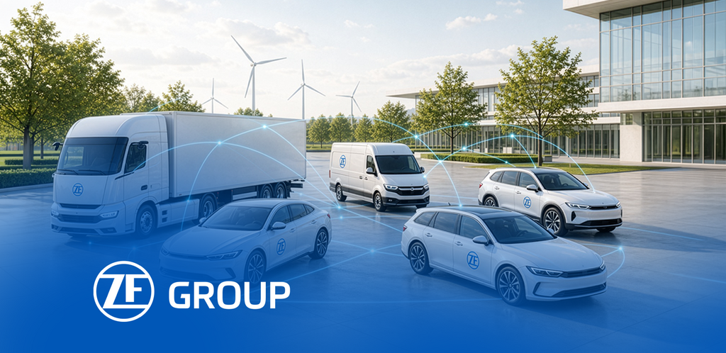Vernetzte ZF-Fahrzeuge auf einem modernen Firmengelände. – KI-generiertes Bild