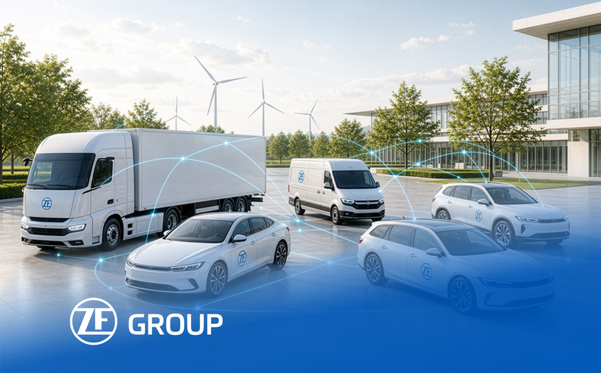 Connected ZF vehicles on a modern company campus.
