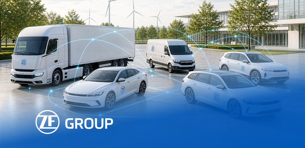 Connected ZF vehicles on a modern company campus.