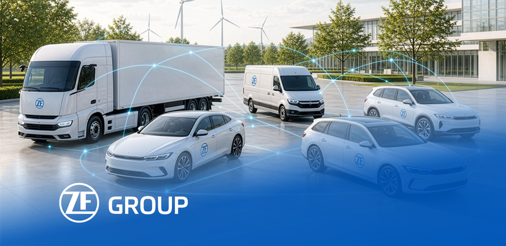 Connected ZF vehicles on a modern company campus.