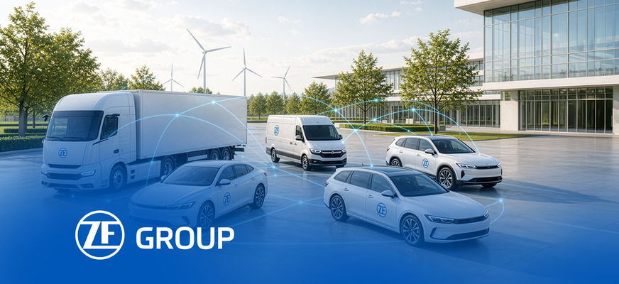 Connected ZF vehicles on a modern company campus. – AI-generated image