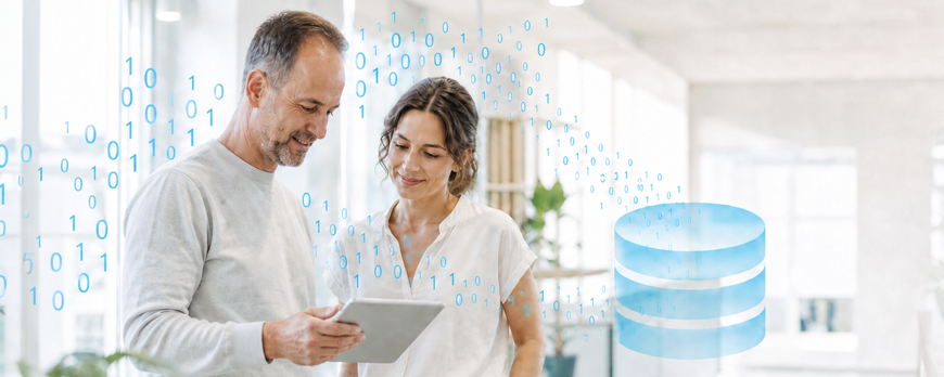Two people view data flows to a data lakehouse on a tablet. – AI-generated image