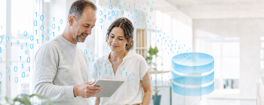 Two people view data flows to a data lakehouse on a tablet. – AI-generated image