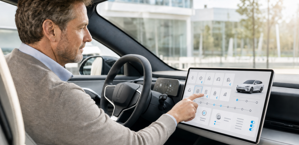 A person uses a bright subscription and connected-car service application on a modern vehicle infotainment display, with subtle euro symbols indicating billing. – AI-generated image