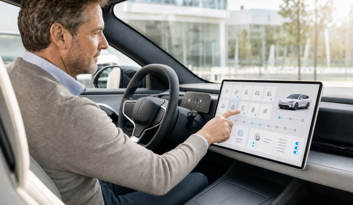 A person uses a bright subscription and connected-car service application on a modern vehicle infotainment display, with subtle euro symbols indicating billing. – AI-generated image