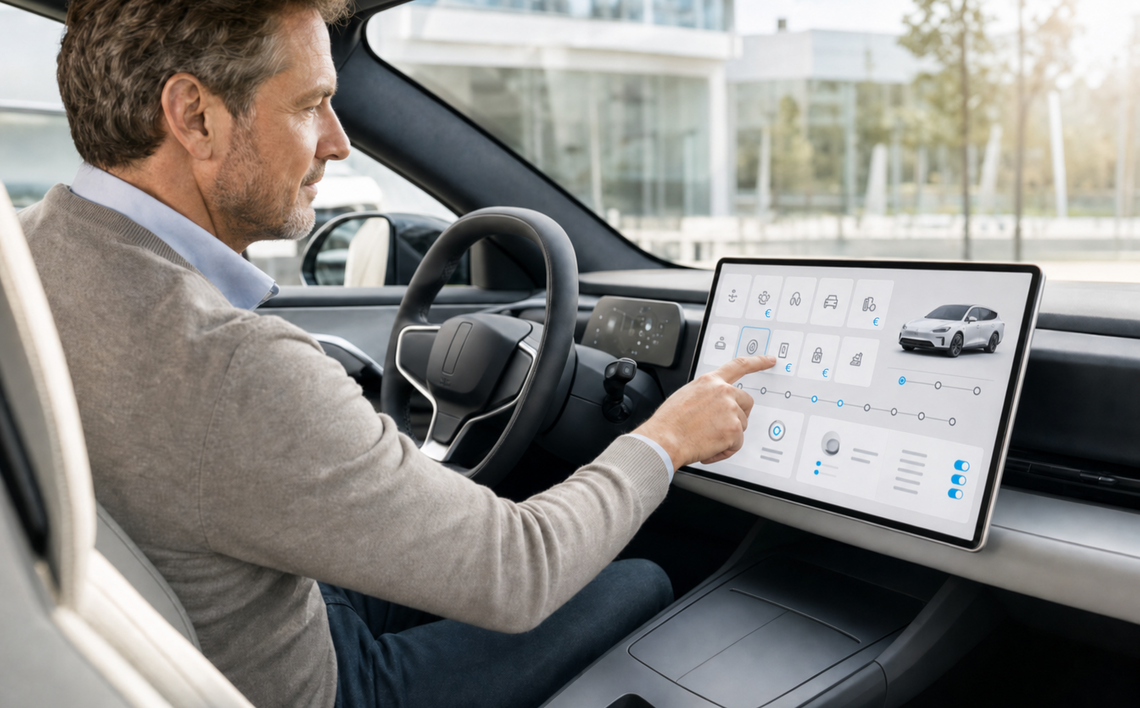 A person uses a bright subscription and connected-car service application on a modern vehicle infotainment display, with subtle euro symbols indicating billing. – AI-generated image