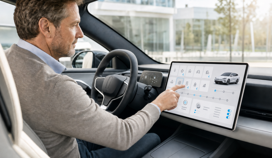 Eine Person bedient im modernen Fahrzeug-Cockpit eine helle Subscription- und Connected-Car-Service-Anwendung auf dem Infotainment-Display, ergänzt durch dezente Euro-Symbole.