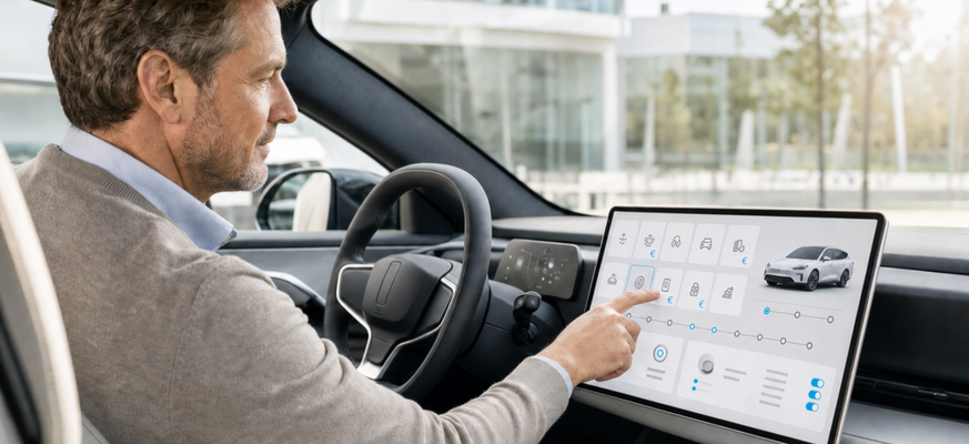 Eine Person bedient im modernen Fahrzeug-Cockpit eine helle Subscription- und Connected-Car-Service-Anwendung auf dem Infotainment-Display, ergänzt durch dezente Euro-Symbole. – KI-generiertes Bild