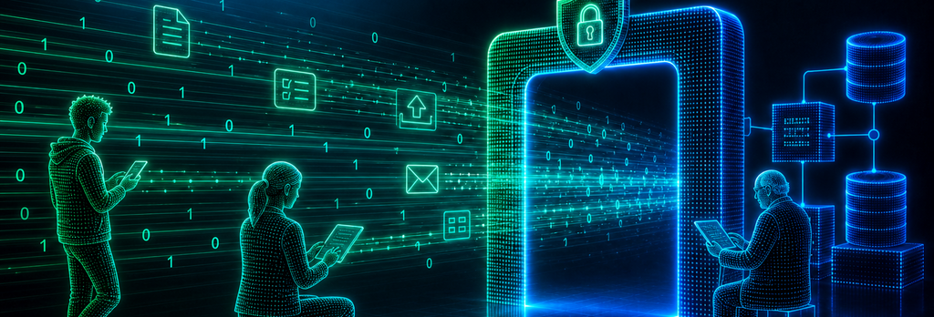 Leuchtendes digitales Portal-Gate mit Datenströmen und verbundenen Systemmodulen als Symbol für moderne Portalentwicklung und Systemintegration.