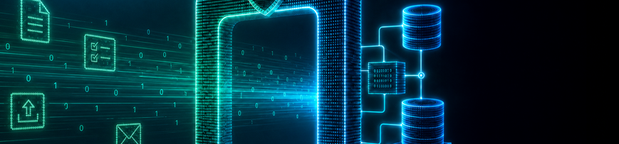 Leuchtendes digitales Portal-Gate mit Datenströmen und verbundenen Systemmodulen als Symbol für moderne Portalentwicklung und Systemintegration.
