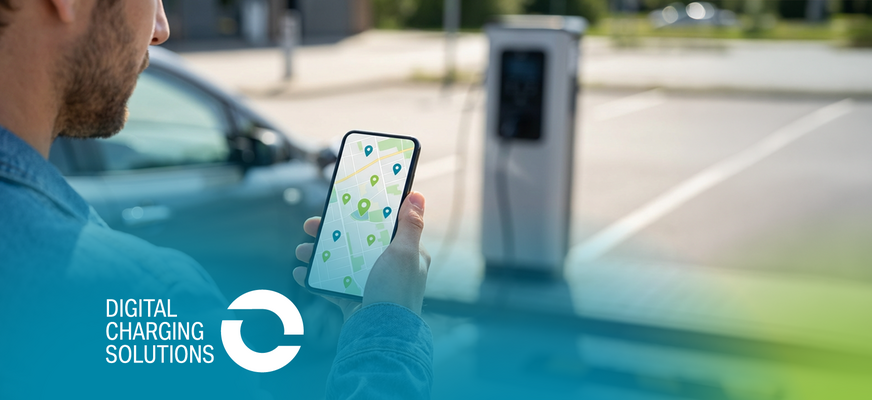 Person nutzt Smartphone mit Kartenansicht; im Hintergrund eine Ladesäule und ein Auto. „Digital Charging Solutions“-Logo unten links auf Farbverlauf. – KI-generiertes Bild