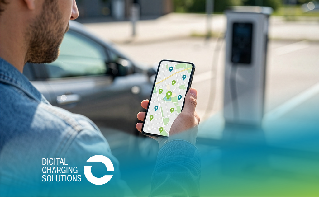 Person using a smartphone with a map view; a charging station and car in the background. “Digital Charging Solutions” logo bottom left on a gradient.