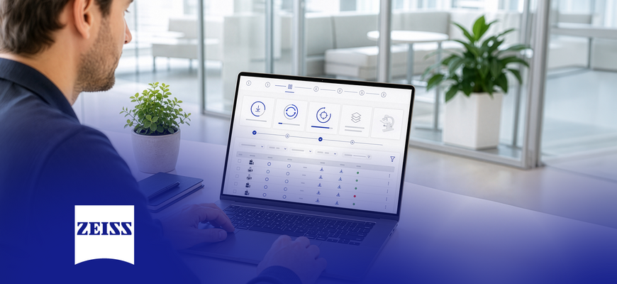 ZEISS Update-Management-Dashboard auf einem Laptop im Büro. – KI-generiertes Bild