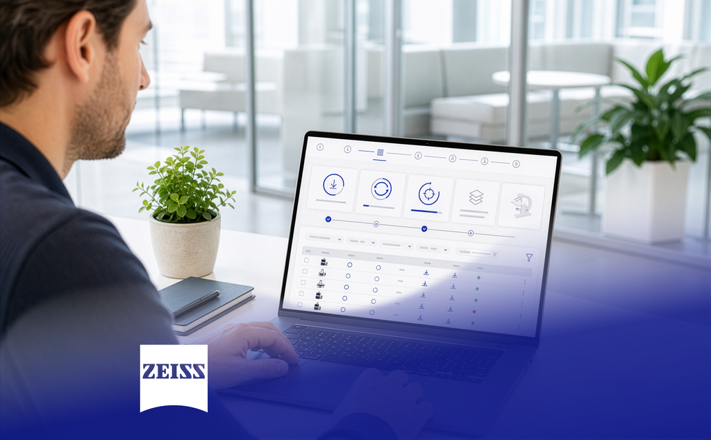 ZEISS Update-Management-Dashboard auf einem Laptop im Büro.