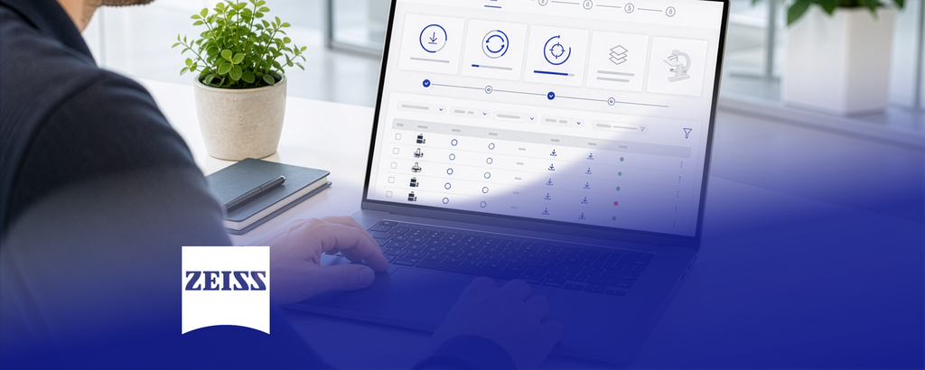 ZEISS Update-Management-Dashboard auf einem Laptop im Büro. – KI-generiertes Bild