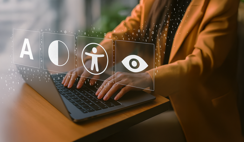 Person using a laptop with accessibility icons.