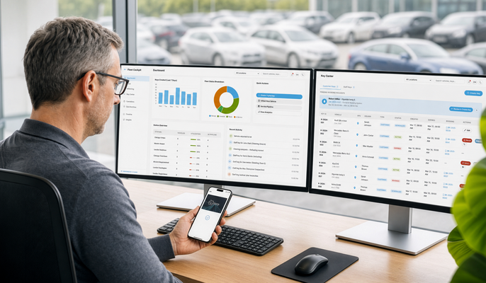Person working at two monitors with a fleet cockpit and key center dashboard, holding a smartphone with a digital vehicle key. – AI-generated image