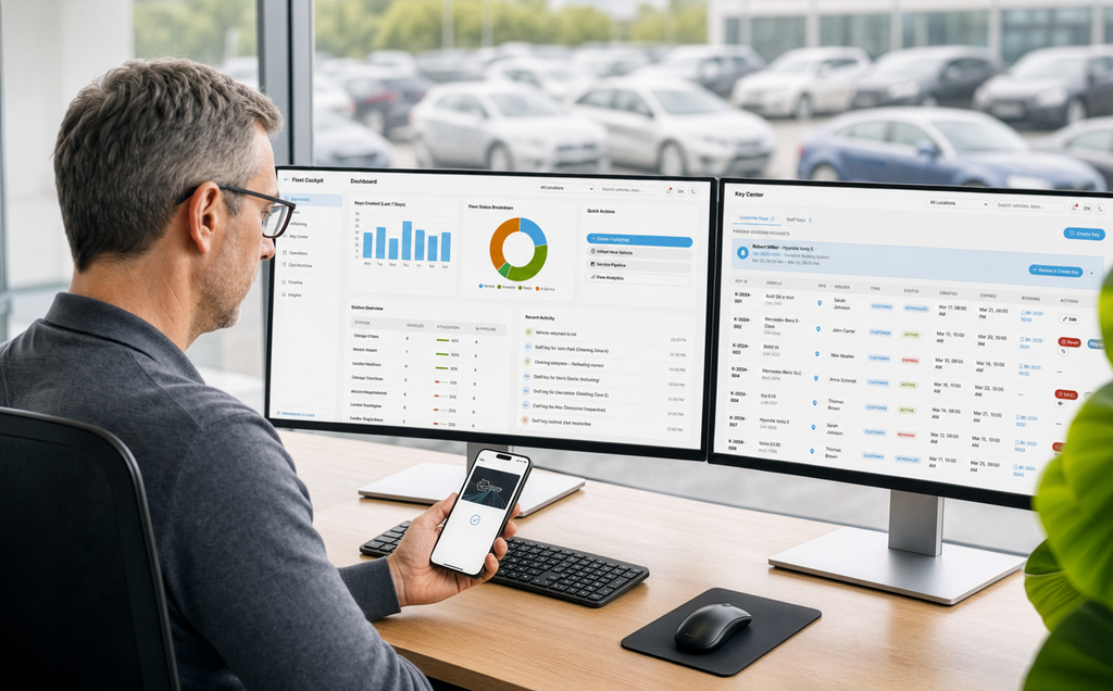 Person working at two monitors with a fleet cockpit and key center dashboard, holding a smartphone with a digital vehicle key. – KI-generiertes Bild" – KI-generiertes Bild – KI-generiertes Bild – AI-generated image