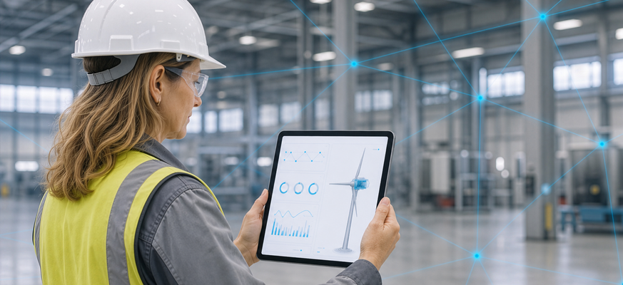 Fachkraft überwacht vernetzte Windrad-Daten per Tablet in einer Industriehalle. – KI-generiertes Bild
