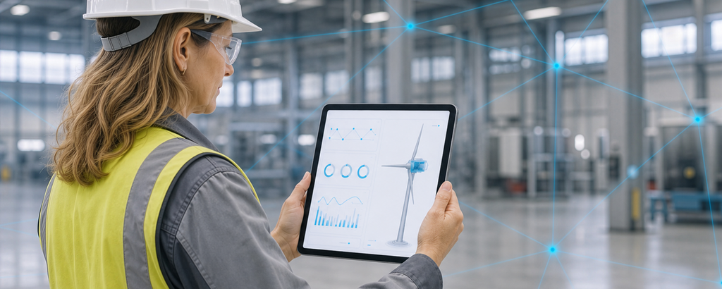 Fachkraft überwacht vernetzte Windrad-Daten per Tablet in einer Industriehalle. – KI-generiertes Bild