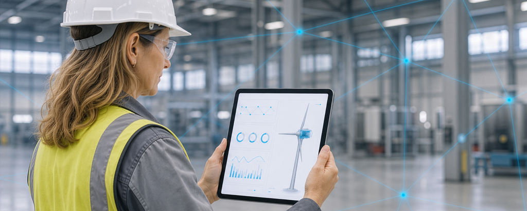 Fachkraft überwacht vernetzte Windrad-Daten per Tablet in einer Industriehalle. – KI-generiertes Bild
