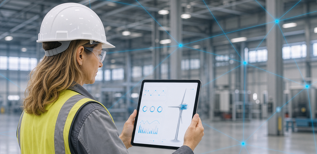 A specialist monitors connected wind turbine data on a tablet in an industrial hall. – AI-generated image