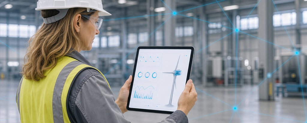 Fachkraft überwacht vernetzte Windrad-Daten per Tablet in einer Industriehalle. – KI-generiertes Bild