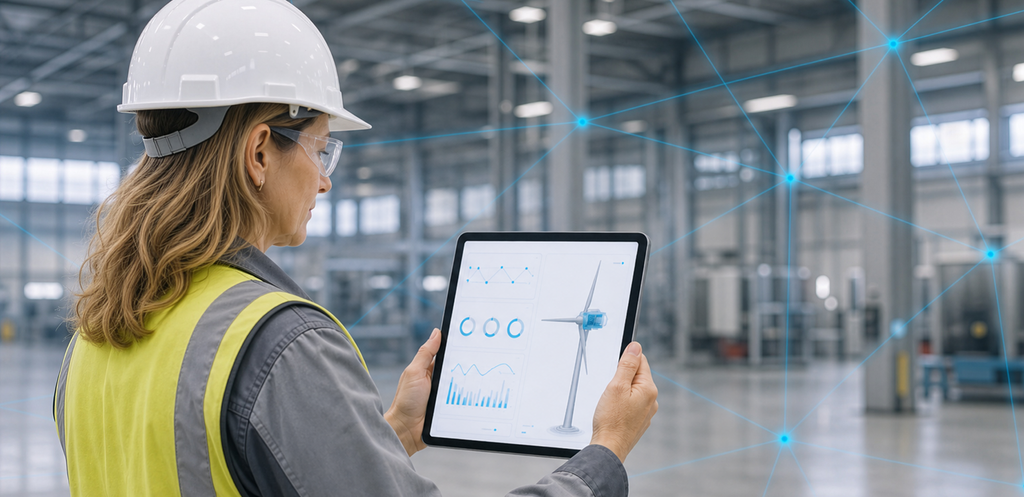 A specialist monitors connected wind turbine data on a tablet in an industrial hall. – AI-generated image