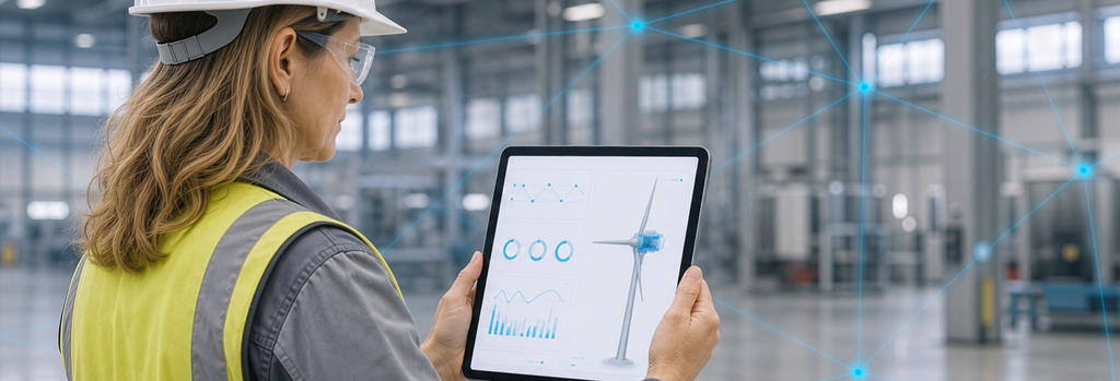 Fachkraft überwacht vernetzte Windrad-Daten per Tablet in einer Industriehalle. – KI-generiertes Bild
