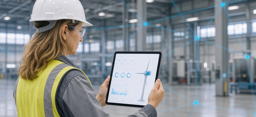 Fachkraft überwacht vernetzte Windrad-Daten per Tablet in einer Industriehalle. – KI-generiertes Bild