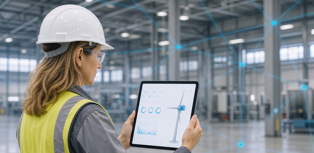 Fachkraft überwacht vernetzte Windrad-Daten per Tablet in einer Industriehalle. – KI-generiertes Bild