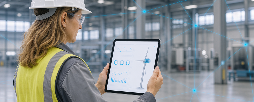 A specialist monitors connected wind turbine data on a tablet in an industrial hall. – AI-generated image