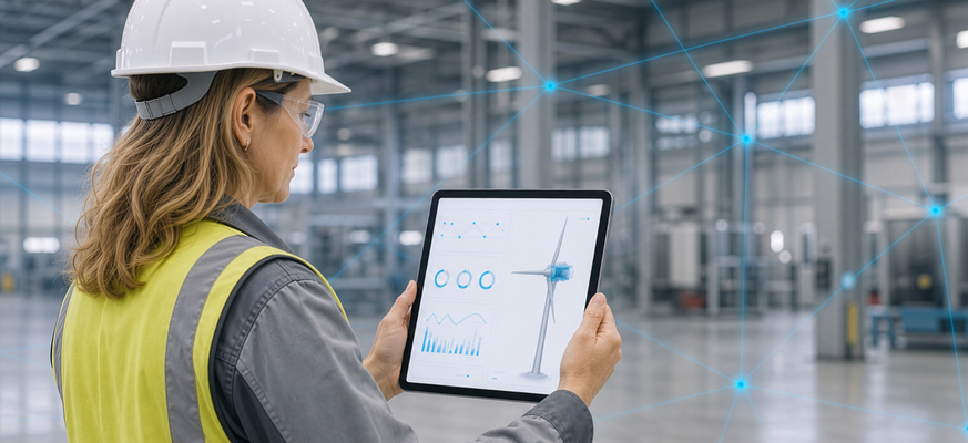 Fachkraft überwacht vernetzte Windrad-Daten per Tablet in einer Industriehalle. – KI-generiertes Bild
