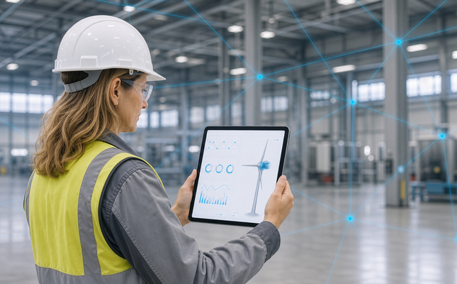 A specialist monitors connected wind turbine data on a tablet in an industrial hall. – AI-generated image