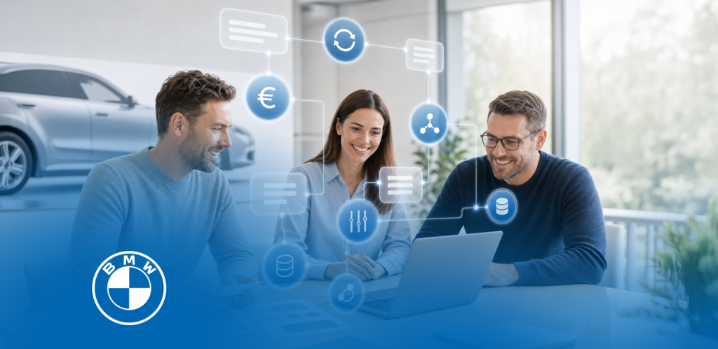 Team collaborating on digital BMW product data management. – AI-generated image