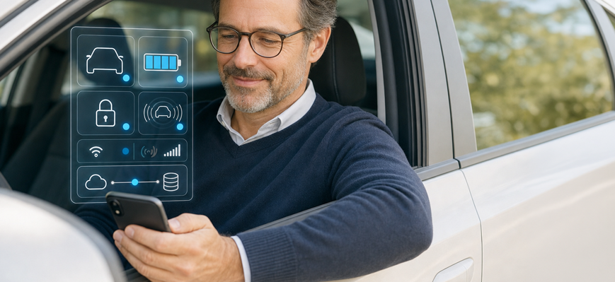 Person nutzt vernetzte Fahrzeugdaten per Smartphone im Auto. – KI-generiertes Bild