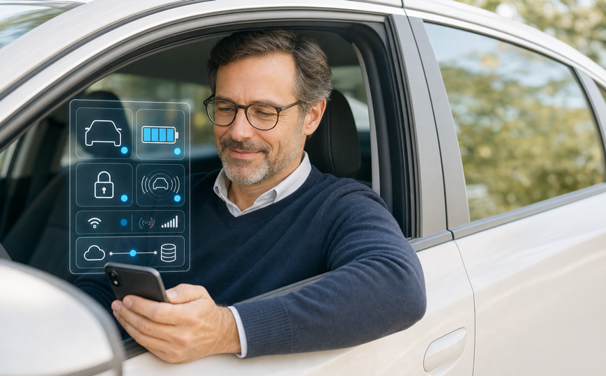 Person nutzt vernetzte Fahrzeugdaten per Smartphone im Auto. – KI-generiertes Bild