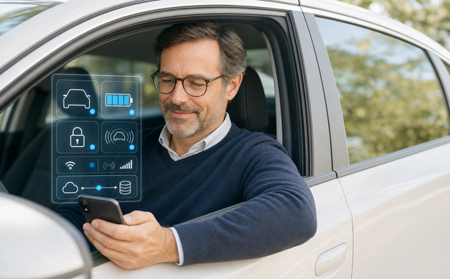 A person uses connected vehicle data on a smartphone in a car. – AI-generated image