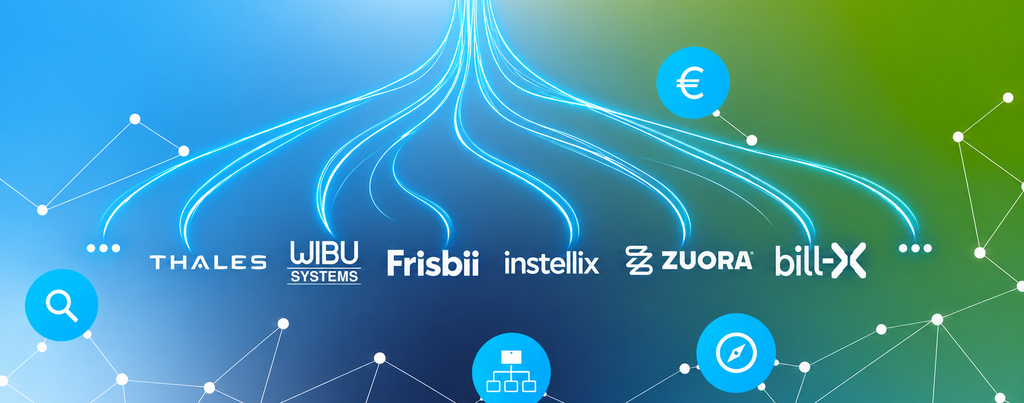 Abstract digital illustration featuring glowing data streams connecting to the logos of various software providers, complemented by interconnected nodes and icons representing software selection, target architecture, and monetization.